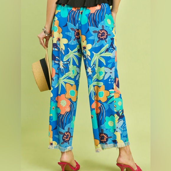 👀 ♥️ Umgee Floral Print Boho Wide Leg Linen Blend Pants - Cerulean - Picture 4 of 8